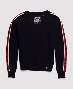 Superdry Sporty Taped V-Neck Sweater Női Kötöttáru Sötétkék | ANTXZ5028